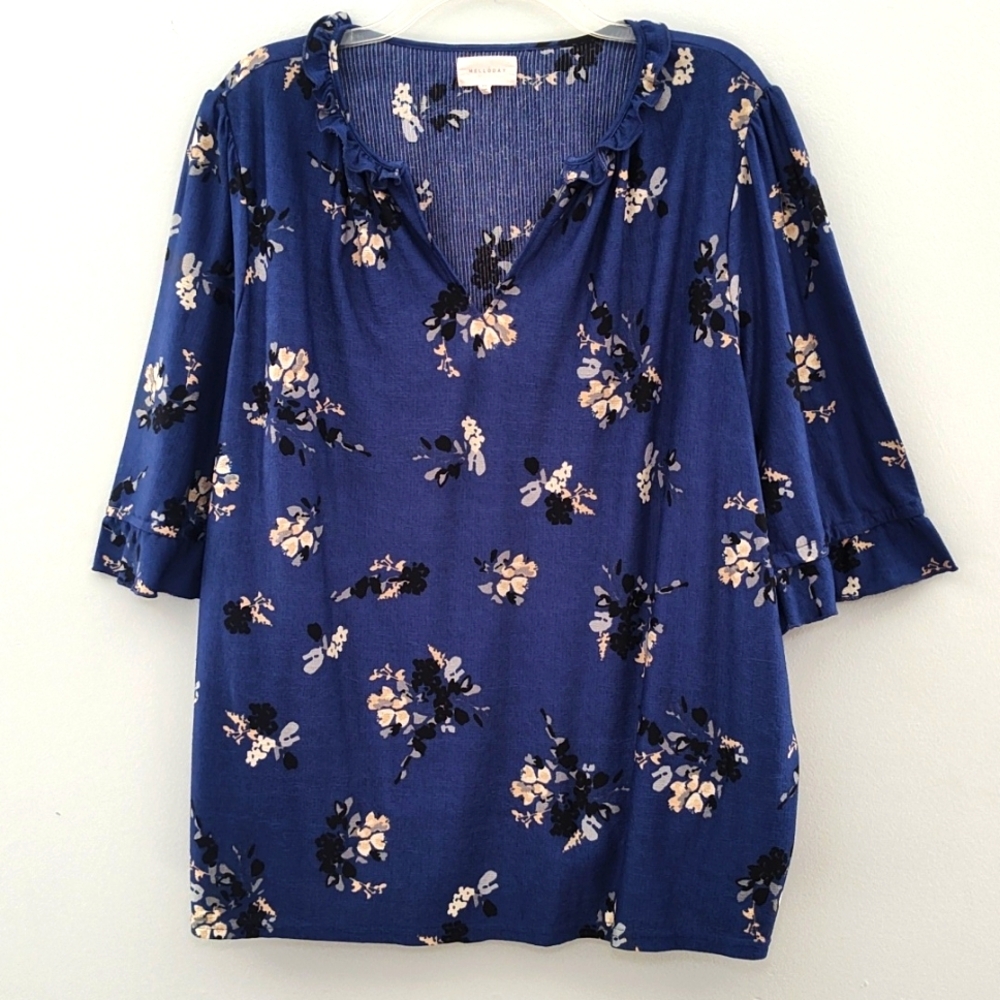 Melloday Blouse Top Size 1X Blue Abstract Floral Ruffle Neck Casual Lightweight